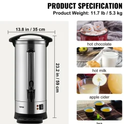 VEVOR Commercial Coffee Urn, 110 Cups Stainless Steel Large Coffee Dispenser, 1500W 110V Electric Coffee Maker Urn For Quick Brewing, Hot Water Urn with Detachable Power Cord for Easy Cleaning, Silver