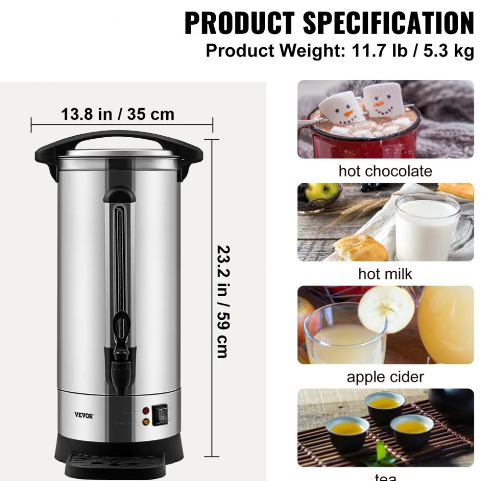 VEVOR Commercial Coffee Urn, 110 Cups Stainless Steel Large Coffee Dispenser, 1500W 110V Electric Coffee Maker Urn For Quick Brewing, Hot Water Urn with Detachable Power Cord for Easy Cleaning, Silver