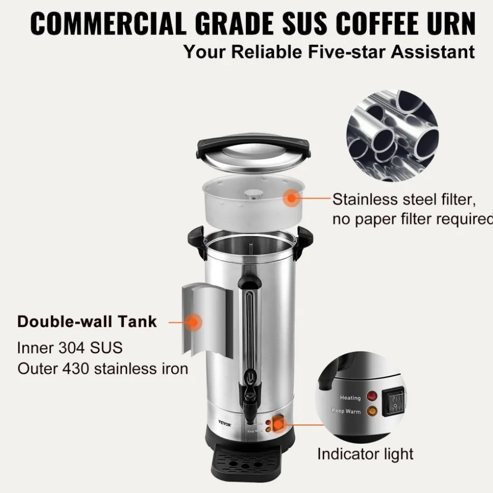 VEVOR Commercial Coffee Urn, 110 Cups Stainless Steel Large Coffee Dispenser, 1500W 110V Electric Coffee Maker Urn For Quick Brewing, Hot Water Urn with Detachable Power Cord for Easy Cleaning, Silver