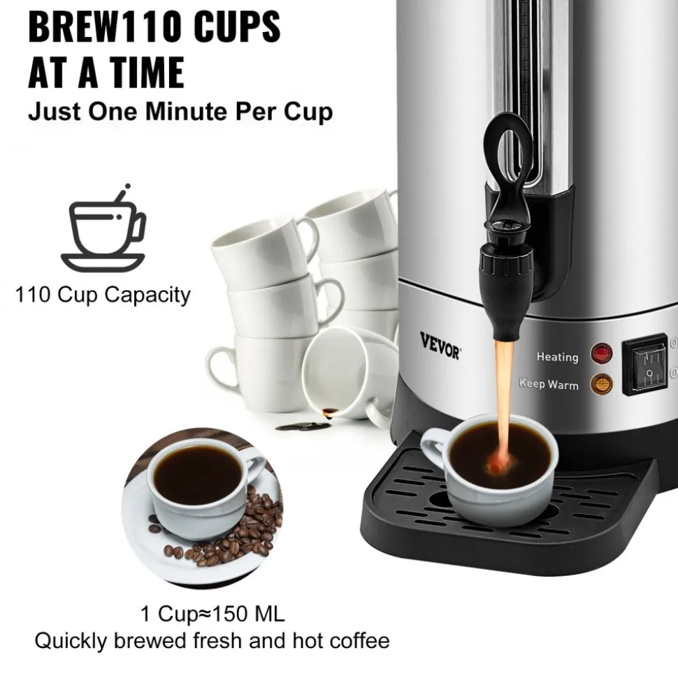 VEVOR Commercial Coffee Urn, 110 Cups Stainless Steel Large Coffee Dispenser, 1500W 110V Electric Coffee Maker Urn For Quick Brewing, Hot Water Urn with Detachable Power Cord for Easy Cleaning, Silver