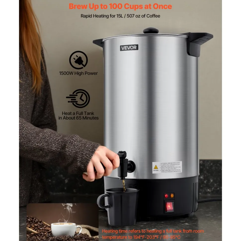 VEVOR Commercial Coffee Urn, 100 Cup 15 L Hot Beverage Dispenser with Dripless Faucet, Quick-Brewing Stainless Steel Large Commercial Coffee Maker, for Catering, Business, Party, Church & Restaurant