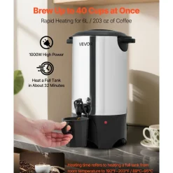 VEVOR Commercial Coffee Urn, 40 Cup 6 L Hot Beverage Dispenser with Dripless Faucet, Quick-Brewing Commercial Coffee Maker, with Stainless Steel Liner, for Catering, Business, Church & Restaurant