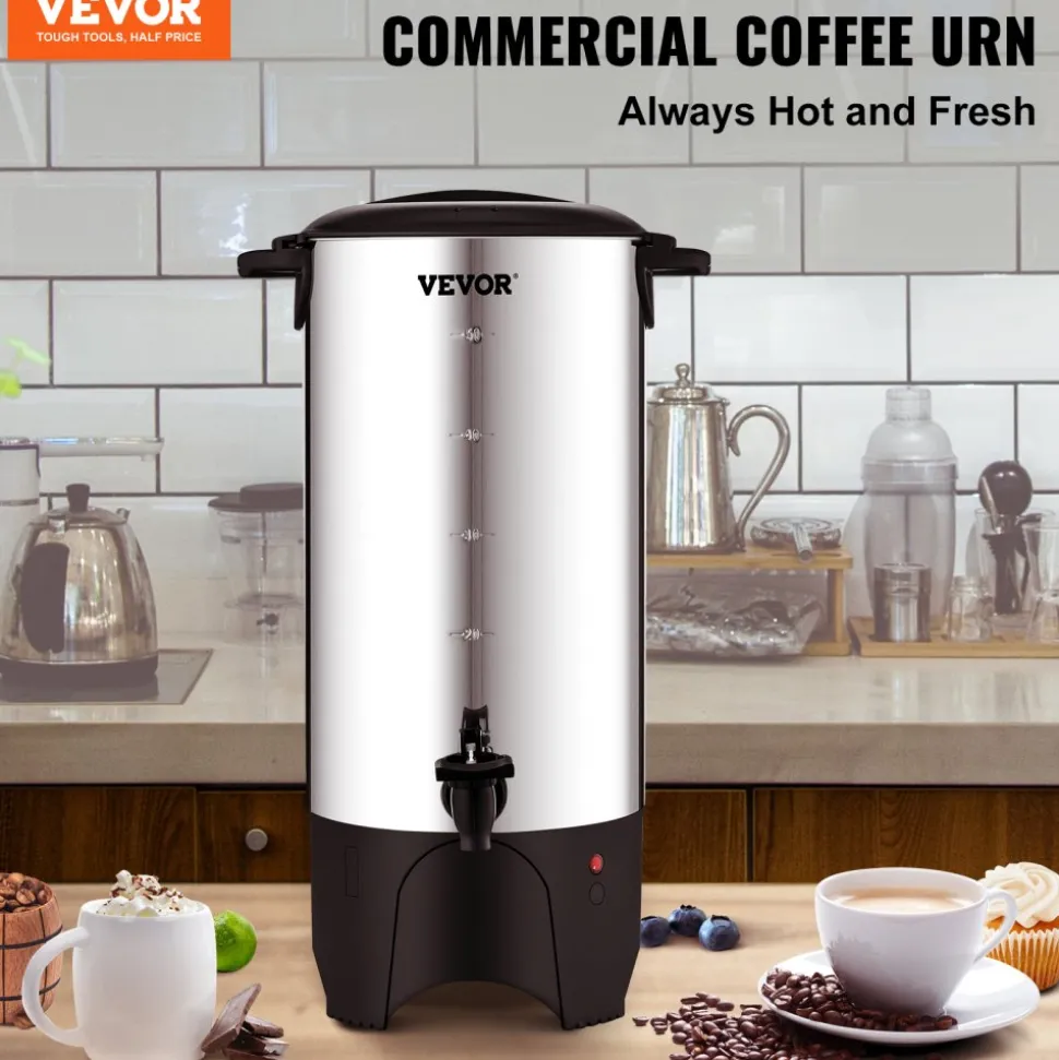 VEVOR Commercial Coffee Urn, 50 Cups Stainless Steel Large Coffee Dispenser, 1000W 110V Electric Coffee Maker Urn For Quick Brewing, Hot Water Urn with Detachable Power Cord for Easy Cleaning, Silver