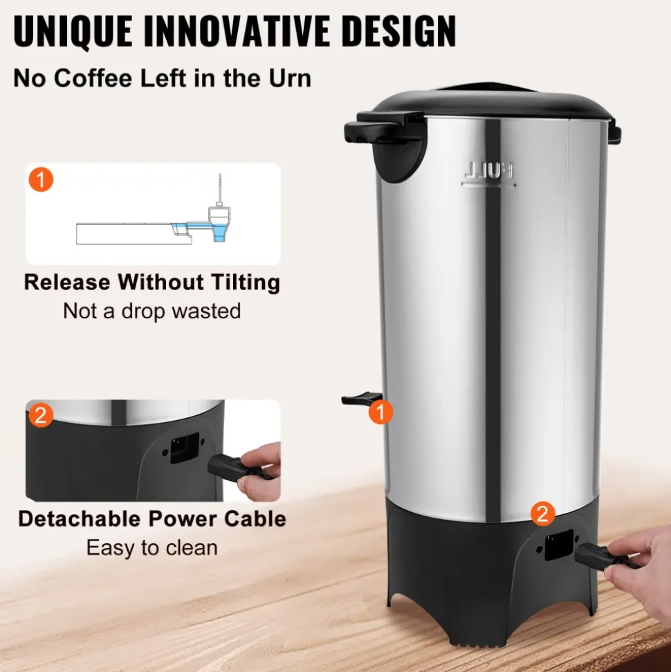 VEVOR Commercial Coffee Urn, 50 Cups Stainless Steel Large Coffee Dispenser, 1000W 110V Electric Coffee Maker Urn For Quick Brewing, Hot Water Urn with Detachable Power Cord for Easy Cleaning, Silver