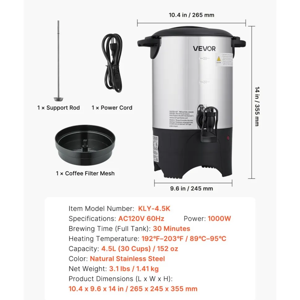 VEVOR Commercial Coffee Urn, 30 Cup 4.5 L Hot Beverage Dispenser with Dripless Faucet, Quick-Brewing Commercial Coffee Maker with Stainless Steel Liner, for Catering, Business, Church & Restaurant