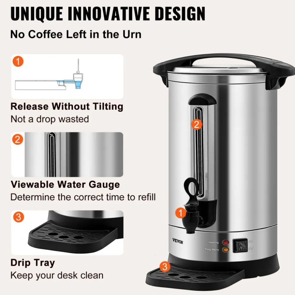 VEVOR Commercial Coffee Urn, 65 Cups Stainless Steel Large Coffee Dispenser, 1500W 110V Electric Coffee Maker Urn For Quick Brewing, Hot Water Urn with Detachable Power Cord for Easy Cleaning, Silver