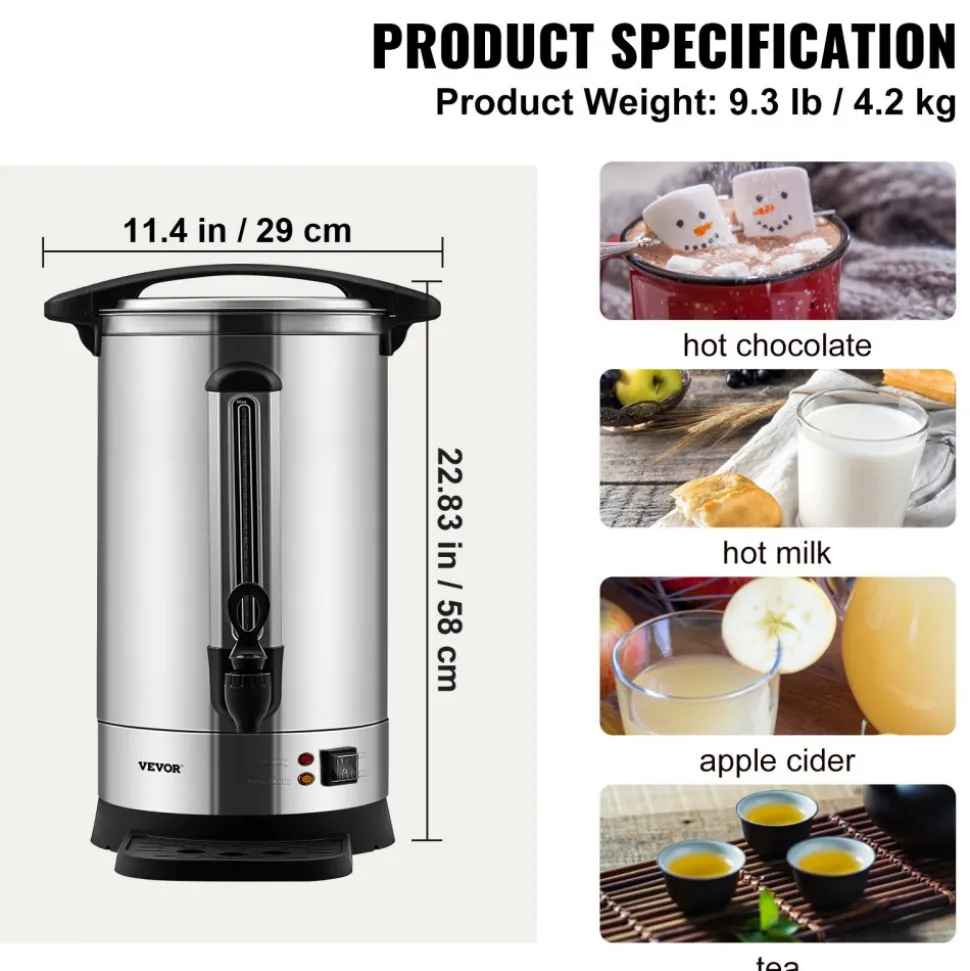 VEVOR Commercial Coffee Urn, 65 Cups Stainless Steel Large Coffee Dispenser, 1500W 110V Electric Coffee Maker Urn For Quick Brewing, Hot Water Urn with Detachable Power Cord for Easy Cleaning, Silver