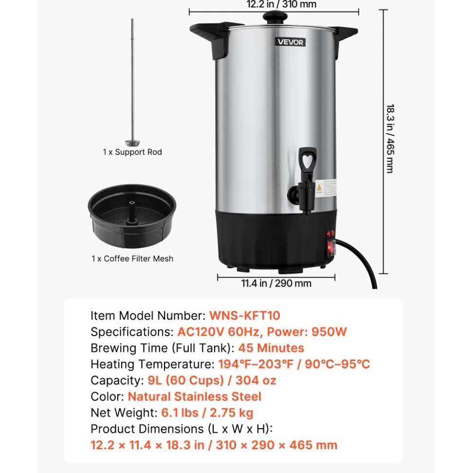 VEVOR Commercial Coffee Urn, 60 Cup 9 L Hot Beverage Dispenser with Dripless Faucet, Quick-Brewing Stainless Steel Large Commercial Coffee Maker, for Catering, Business, Party, Church & Restaurant