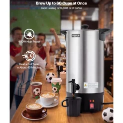 VEVOR Commercial Coffee Urn, 60 Cup 9 L Hot Beverage Dispenser with Dripless Faucet, Quick-Brewing Stainless Steel Large Commercial Coffee Maker, for Catering, Business, Party, Church & Restaurant
