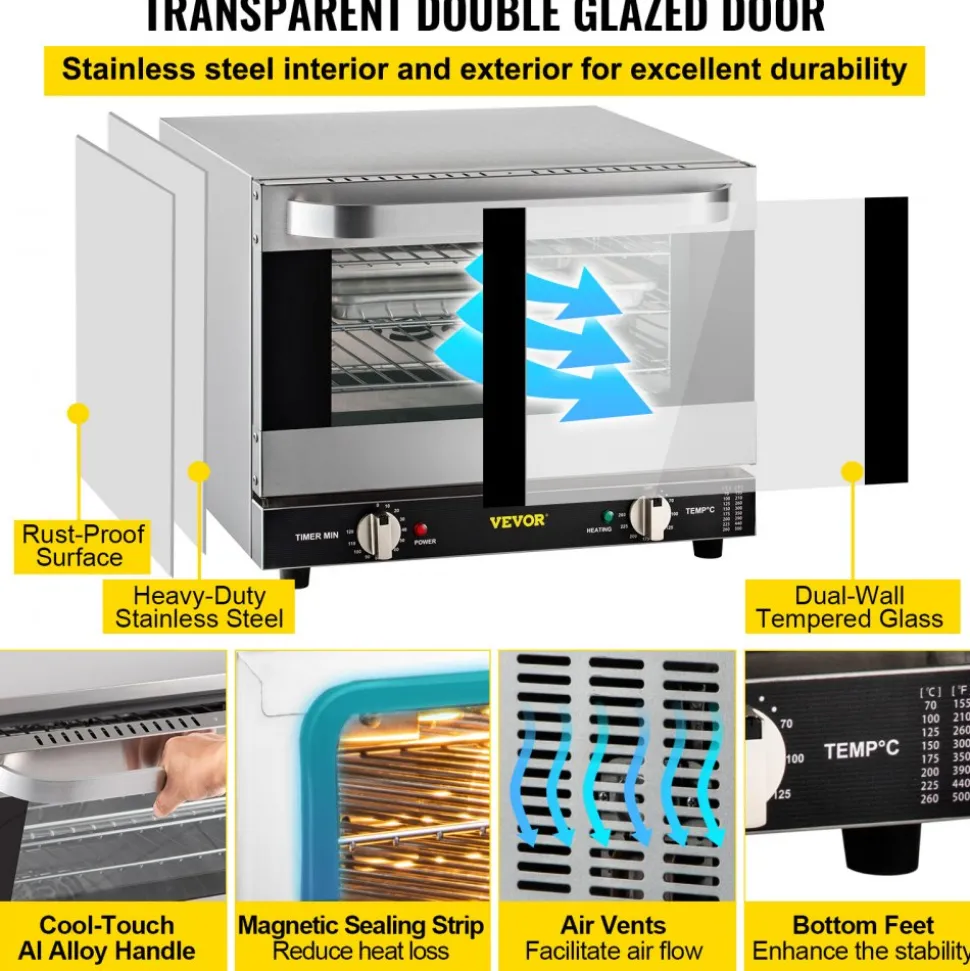 VEVOR Commercial Convection Oven, 4.24 cu.ft Countertop Oven for Full-Size Pans, Electric Convection Ovens with 4 Racks, 360° Hot Air Circulation, for Bakery, Restaurant & Pizza Shop (208-240V 5000W)