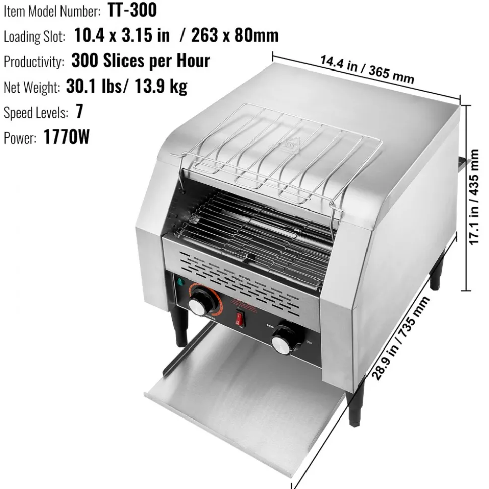 VEVOR Commercial Conveyor Toaster, 300 Slices/Hour Conveyor Belt Toaster, Heavy Duty Stainless Steel Commercial Toaster Oven, Electric Restaurant Commercial Toaster for Toast Bun, Bagel, Bread