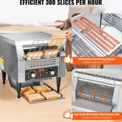 VEVOR Commercial Conveyor Toaster, 300 Slices/Hour Conveyor Belt Toaster, Heavy Duty Stainless Steel Commercial Toaster Oven, Electric Restaurant Commercial Toaster for Toast Bun, Bagel, Bread