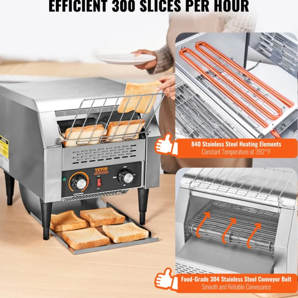 VEVOR Commercial Conveyor Toaster, 300 Slices/Hour Conveyor Belt Toaster, Heavy Duty Stainless Steel Commercial Toaster Oven, Electric Restaurant Commercial Toaster for Toast Bun, Bagel, Bread