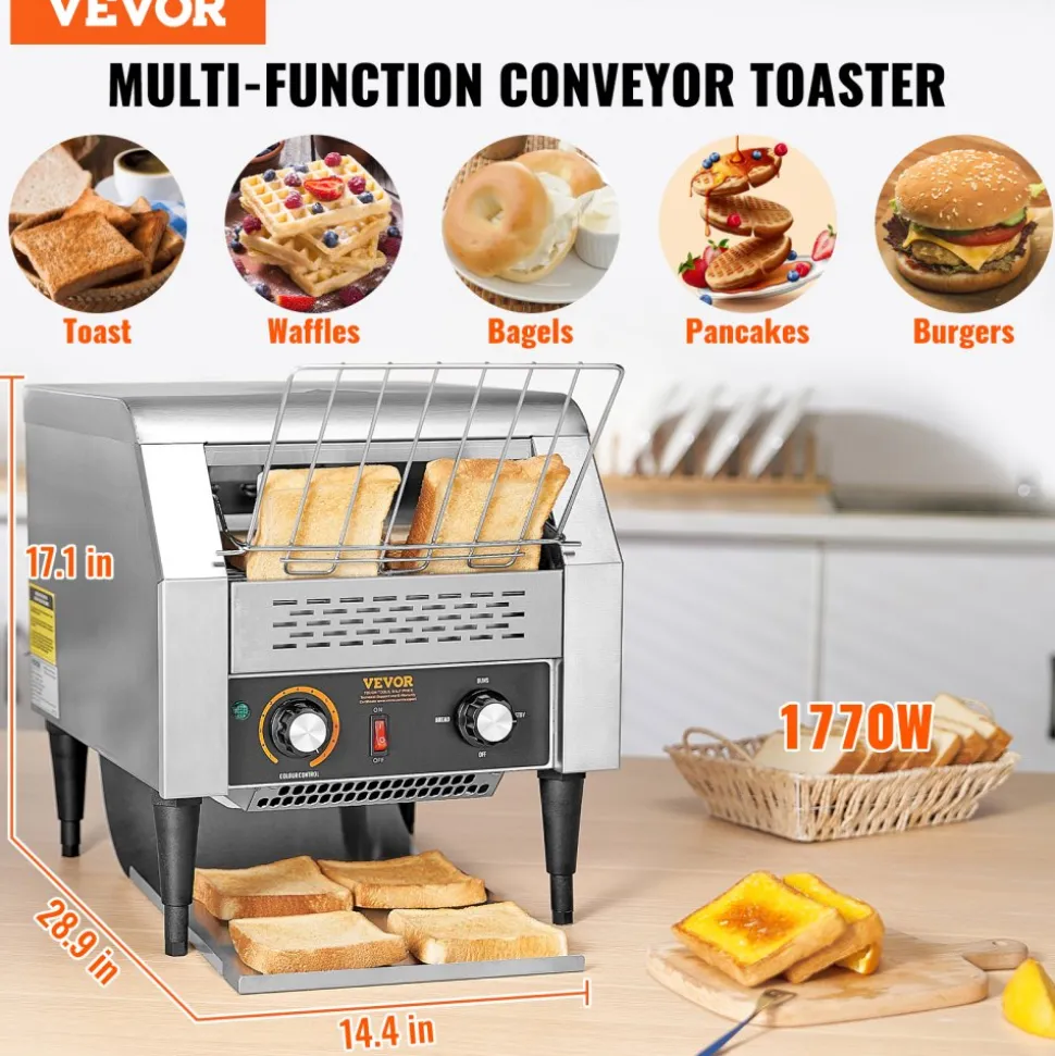 VEVOR Commercial Conveyor Toaster, 300 Slices/Hour Conveyor Belt Toaster, Heavy Duty Stainless Steel Commercial Toaster Oven, Electric Restaurant Commercial Toaster for Toast Bun, Bagel, Bread