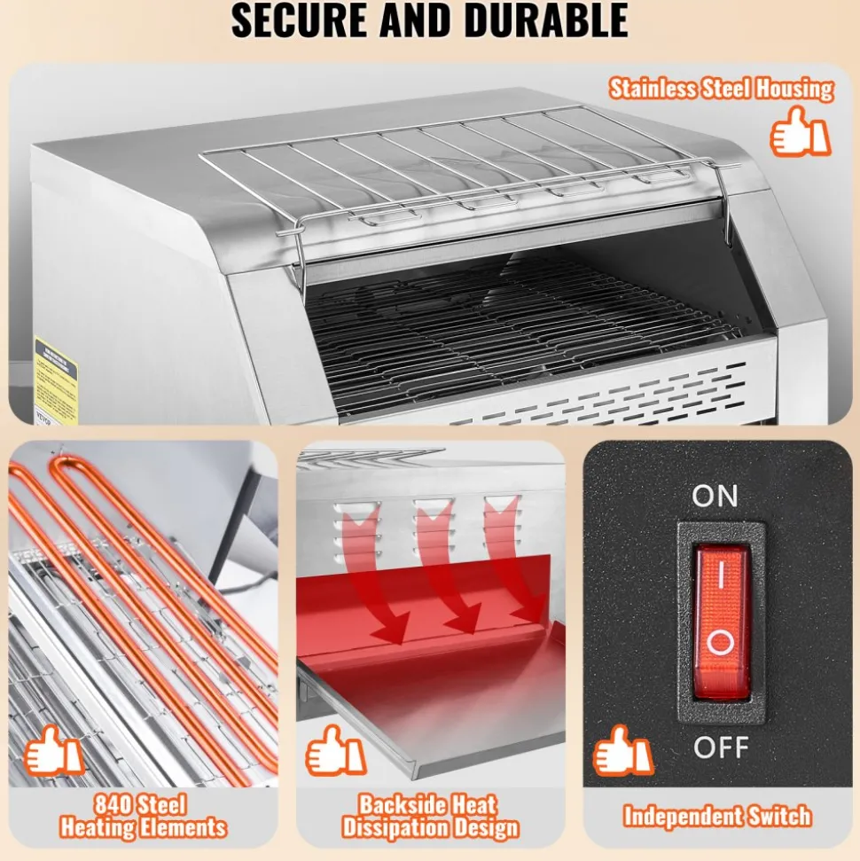VEVOR Commercial Conveyor Toaster, 450 Slices/Hour Conveyor Belt Toaster, Heavy Duty Stainless Steel Commercial Toaster Oven, Electric Restaurant Commercial Toaster for Toast Bun, Bagel, Bread