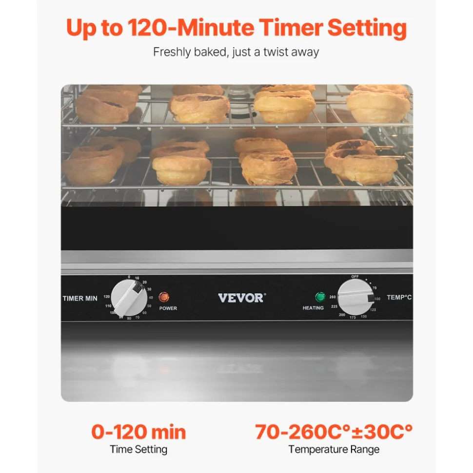 VEVOR Commercial Countertop Oven, 66L 4-Tier Toaster Ovens with Tempered Glass Door, Wire Racks & Tray, 2800W Stainless Steel Baking Ovens for Restaurant Bakery (AC208~240V,60Hz, 6-20P Plug & Output)