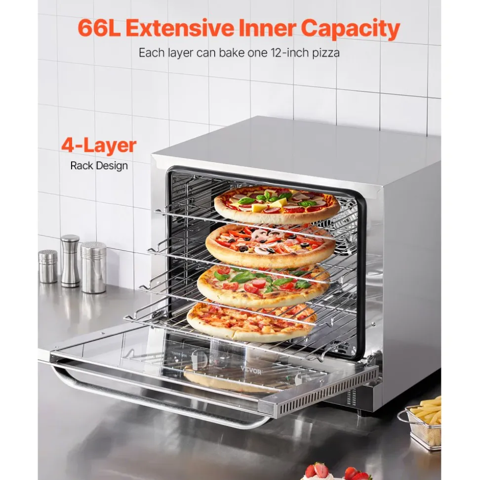 VEVOR Commercial Countertop Oven, 66L 4-Tier Toaster Ovens with Tempered Glass Door, Wire Racks & Tray, 2800W Stainless Steel Baking Ovens for Restaurant Bakery (AC208~240V,60Hz, 6-20P Plug & Output)