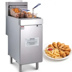 VEVOR Commercial Deep Fryer, 3-Burner Fryer for Restaurants, Stainless Steel Floor Standing Deep Fryers with Dual Baskets and Adjustable Temperature, Natural Gas Powered, 40 lbs Capacity, 90,000 BTU
