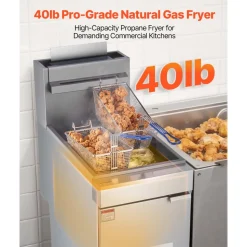 VEVOR Commercial Deep Fryer, 3-Burner Fryer for Restaurants, Stainless Steel Floor Standing Deep Fryers with Dual Baskets and Adjustable Temperature, Natural Gas Powered, 40 lbs Capacity, 90,000 BTU