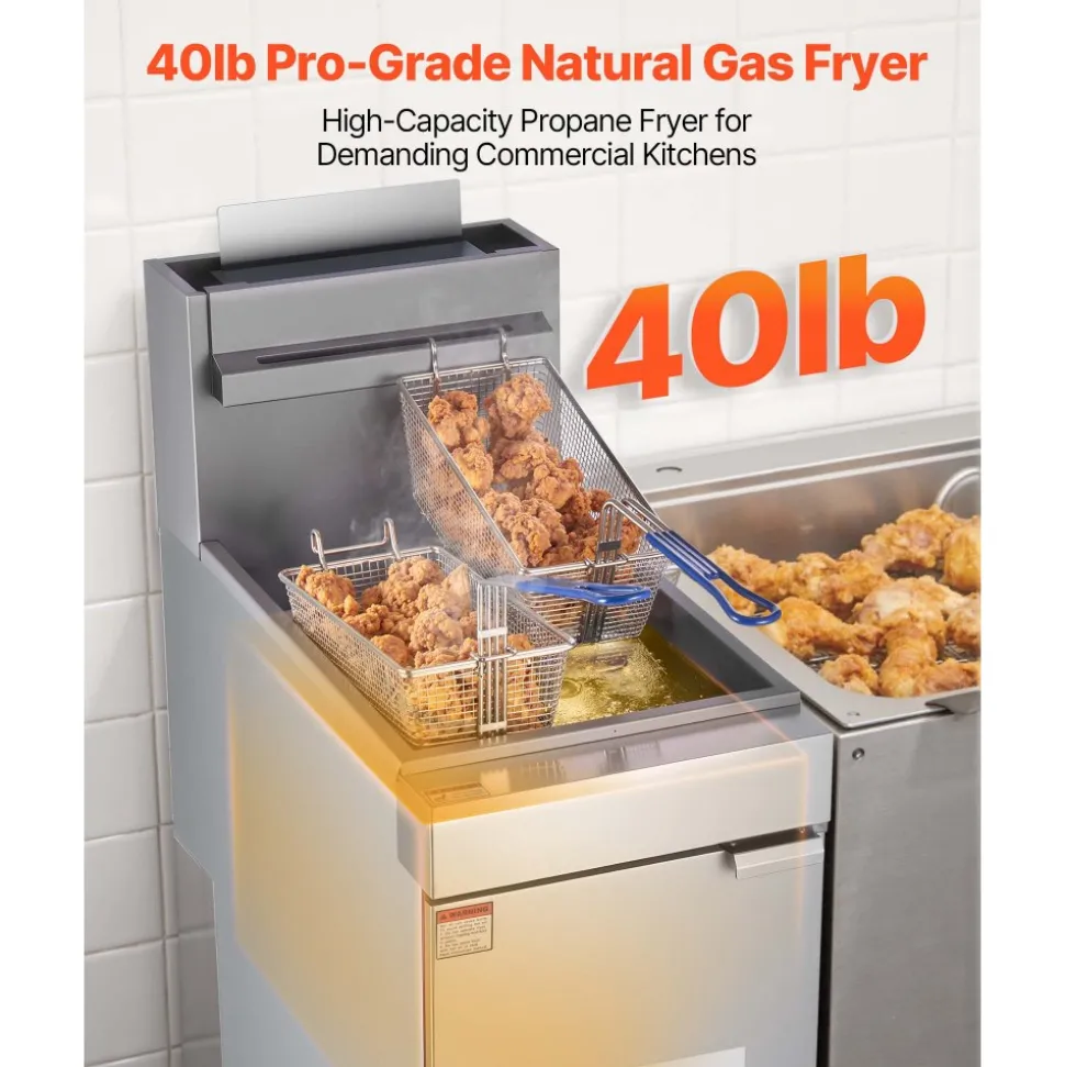 VEVOR Commercial Deep Fryer, 3-Burner Fryer for Restaurants, Stainless Steel Floor Standing Deep Fryers with Dual Baskets and Adjustable Temperature, Natural Gas Powered, 40 lbs Capacity, 90,000 BTU