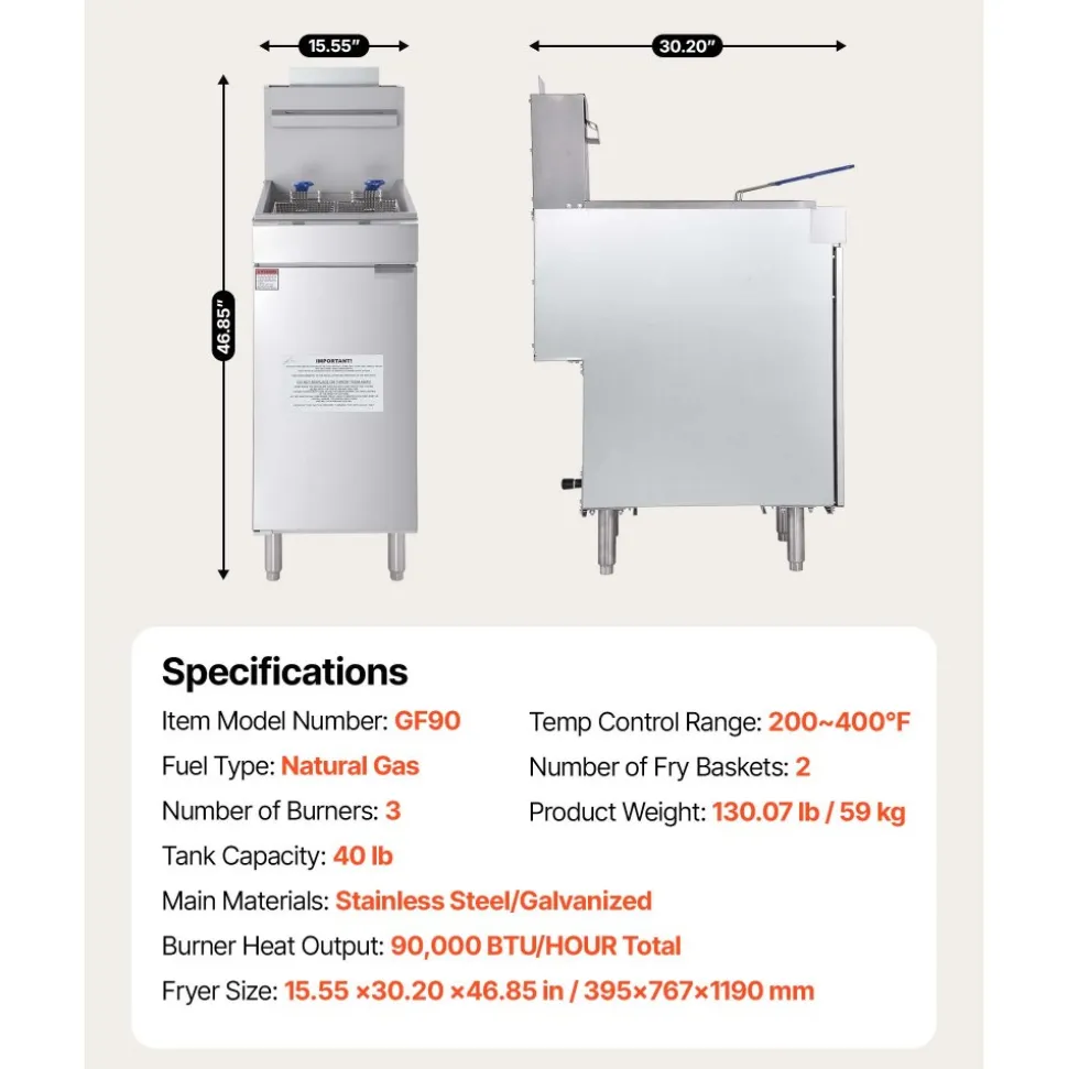 VEVOR Commercial Deep Fryer, 3-Burner Fryer for Restaurants, Stainless Steel Floor Standing Deep Fryers with Dual Baskets and Adjustable Temperature, Natural Gas Powered, 40 lbs Capacity, 90,000 BTU
