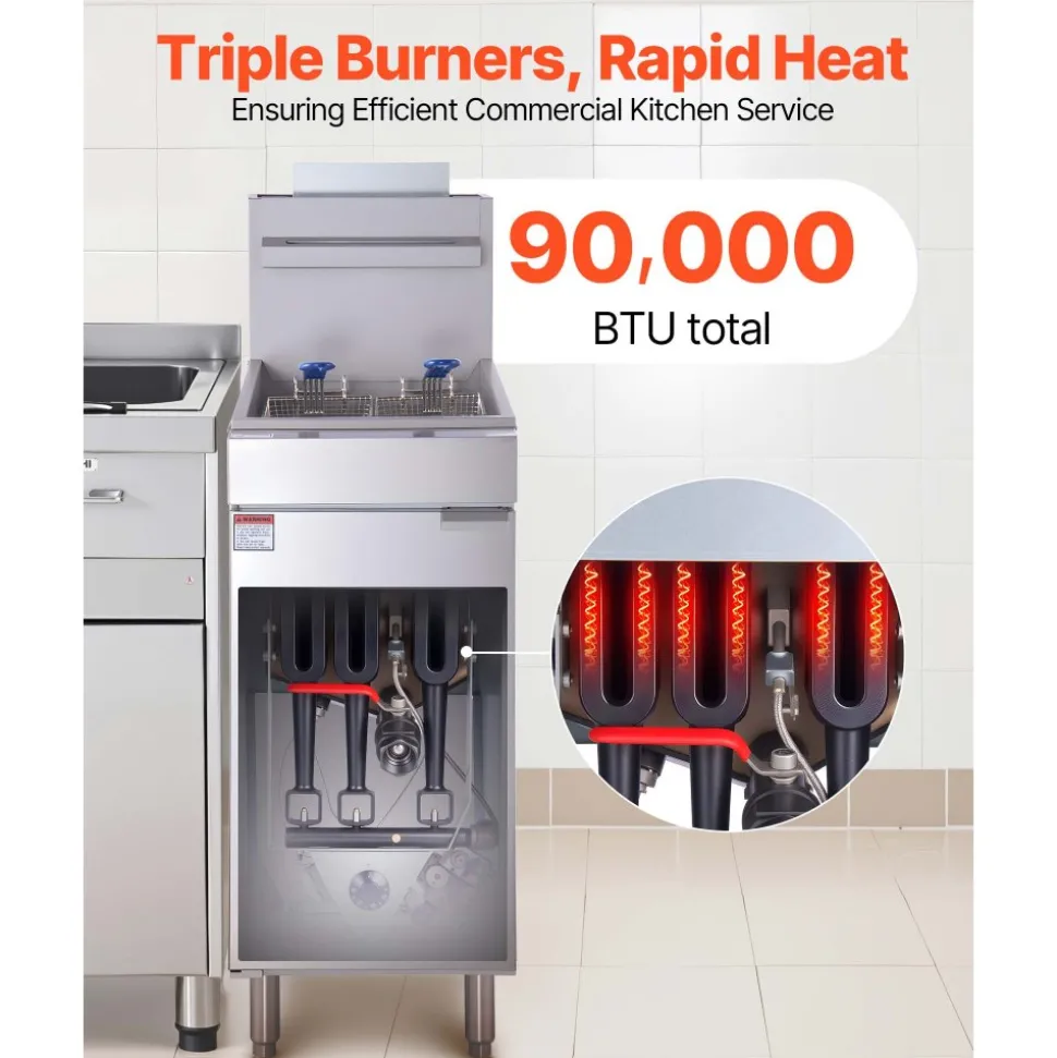 VEVOR Commercial Deep Fryer, 3-Burner Fryer for Restaurants, Stainless Steel Floor Standing Deep Fryers with Dual Baskets and Adjustable Temperature, Natural Gas Powered, 40 lbs Capacity, 90,000 BTU