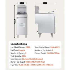 VEVOR Commercial Deep Fryer, 3-Burner Fryer for Restaurants, Stainless Steel Floor Standing Deep Fryers with Dual Baskets and Adjustable Temperature, Propane Powered, 40 lbs Capacity, 90,000 BTU