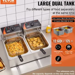 VEVOR Commercial Deep Fryer, Dual Tank 3000W Electric Countertop Fryer with Basket, 2 x 9.1Qt/8.6L Double Stainless Steel Oil Fryer, with Temp Control & Overheat Protection, for Kitchen Restaurant Use