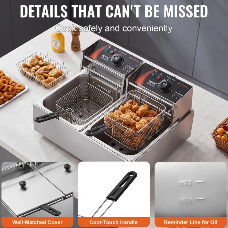 VEVOR Commercial Deep Fryer, Dual Tank 3000W Electric Countertop Fryer with Basket, 2 x 9.1Qt/8.6L Double Stainless Steel Oil Fryer, with Temp Control & Overheat Protection, for Kitchen Restaurant Use
