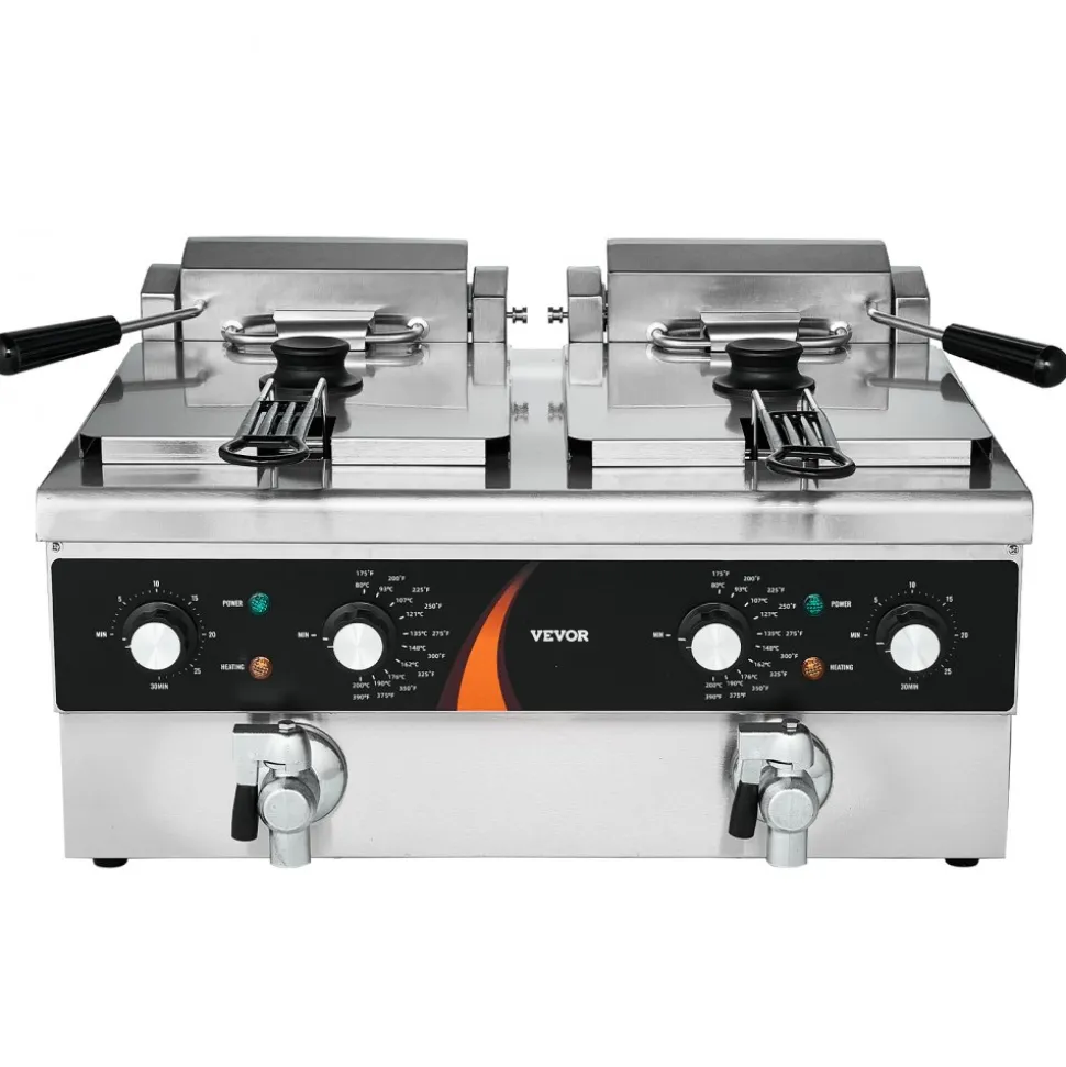 VEVOR Commercial Deep Fryer, Dual Tank 3500W Electric Countertop Fryer, 2 x 9Qt / 8.5L Double Oil Fryer with 2 Baskets, 1mm Thickened Stainless Steel, Time & Temp Control, for Kitchen Restaurant Use