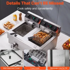 VEVOR Commercial Deep Fryer, Dual Tank 3000W Electric Countertop Fryer with Basket, 2 x 11.6Qt/11L Double Stainless Steel Oil Fryer with Oil Filtration, Time & Temp Control, for Kitchen Restaurant Use