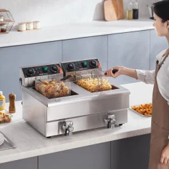 VEVOR Commercial Deep Fryer, Dual Tank 3000W Electric Countertop Fryer with Basket, 2 x 11.6Qt/11L Double Stainless Steel Oil Fryer with Oil Filtration, Time & Temp Control, for Kitchen Restaurant Use