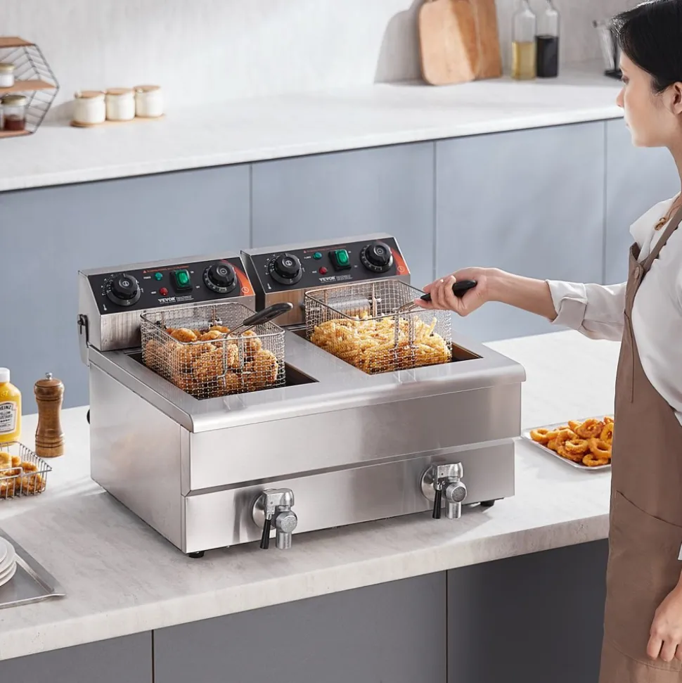 VEVOR Commercial Deep Fryer, Dual Tank 3000W Electric Countertop Fryer with Basket, 2 x 11.6Qt/11L Double Stainless Steel Oil Fryer with Oil Filtration, Time & Temp Control, for Kitchen Restaurant Use