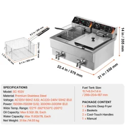VEVOR Commercial Deep Fryer, Dual Tank 3000W Electric Countertop Fryer with Basket, 2 x 11.6Qt/11L Double Stainless Steel Oil Fryer with Oil Filtration, Time & Temp Control, for Kitchen Restaurant Use