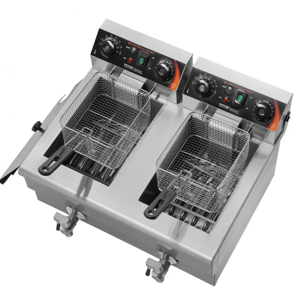 VEVOR Commercial Deep Fryer, Dual Tank 3000W Electric Countertop Fryer with Basket, 2 x 11.6Qt/11L Double Stainless Steel Oil Fryer with Oil Filtration, Time & Temp Control, for Kitchen Restaurant Use