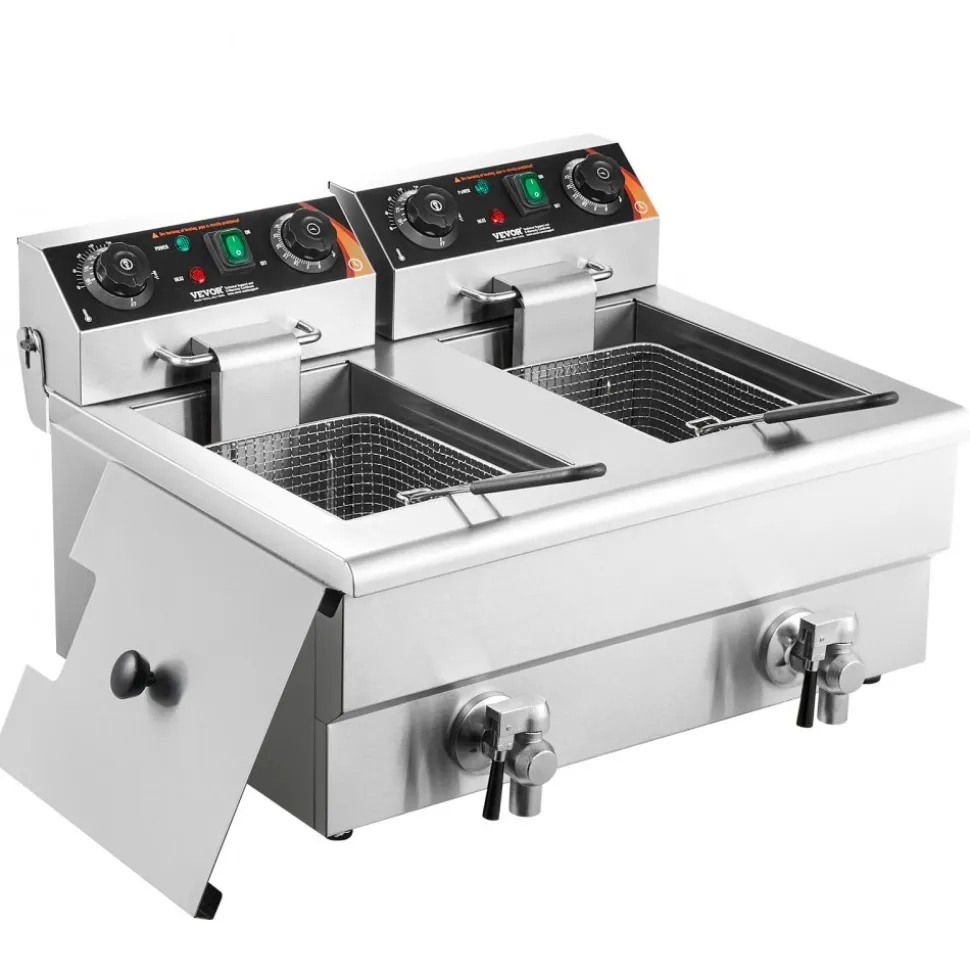VEVOR Commercial Deep Fryer, Dual Tank 3000W Electric Countertop Fryer with Basket, 2 x 11.6Qt/11L Double Stainless Steel Oil Fryer with Oil Filtration, Time & Temp Control, for Kitchen Restaurant Use
