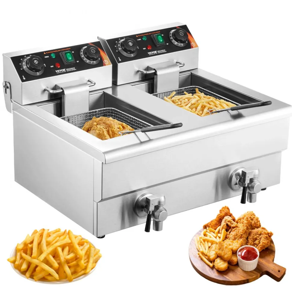 VEVOR Commercial Deep Fryer, Dual Tank 3000W Electric Countertop Fryer with Basket, 2 x 11.6Qt/11L Double Stainless Steel Oil Fryer with Oil Filtration, Time & Temp Control, for Kitchen Restaurant Use