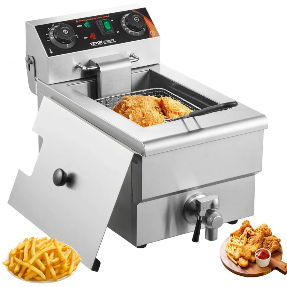 VEVOR Commercial Deep Fryer, 1500W Electric Countertop Fryer with Basket, 11.6Qt / 11L Stainless Steel Single Oil Fryer with Time & Temp Control, Overheat Protection, for Kitchen Restaurant Use
