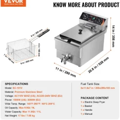 VEVOR Commercial Deep Fryer, 1500W Electric Countertop Fryer with Basket, 11.6Qt / 11L Stainless Steel Single Oil Fryer with Time & Temp Control, Overheat Protection, for Kitchen Restaurant Use