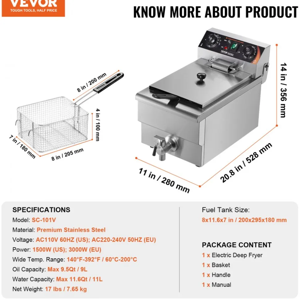 VEVOR Commercial Deep Fryer, 1500W Electric Countertop Fryer with Basket, 11.6Qt / 11L Stainless Steel Single Oil Fryer with Time & Temp Control, Overheat Protection, for Kitchen Restaurant Use