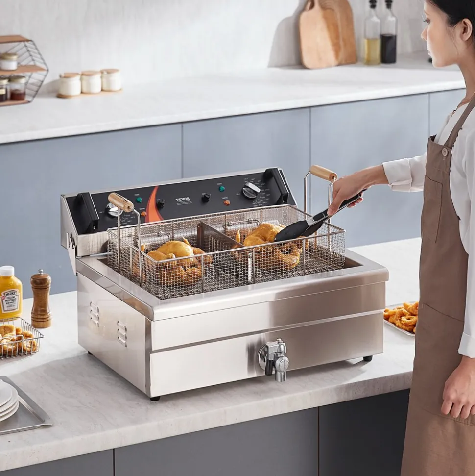 VEVOR Commercial Deep Fryer, 3000W Electric Turkey Fryer with Basket, Large Capacity 30.6Qt / 29L Countertop Single Oil Fryer, Stainless Steel, Temp Control, for Kitchen Restaurant Use, Silver