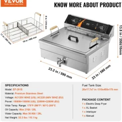 VEVOR Commercial Deep Fryer, 3000W Electric Turkey Fryer with Basket, Large Capacity 30.6Qt / 29L Countertop Single Oil Fryer, Stainless Steel, Temp Control, for Kitchen Restaurant Use, Silver