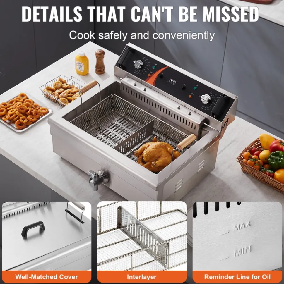 VEVOR Commercial Deep Fryer, 3000W Electric Turkey Fryer with Basket, Large Capacity 30.6Qt / 29L Countertop Single Oil Fryer, Stainless Steel, Temp Control, for Kitchen Restaurant Use, Silver