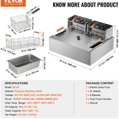 VEVOR Commercial Deep Fryer, 3000W Electric Turkey Fryer with 3 Removable Baskets, Large Capacity 18Qt / 17L Stainless Steel Countertop Single Oil Fryer, for Kitchen Restaurant Use, Silver
