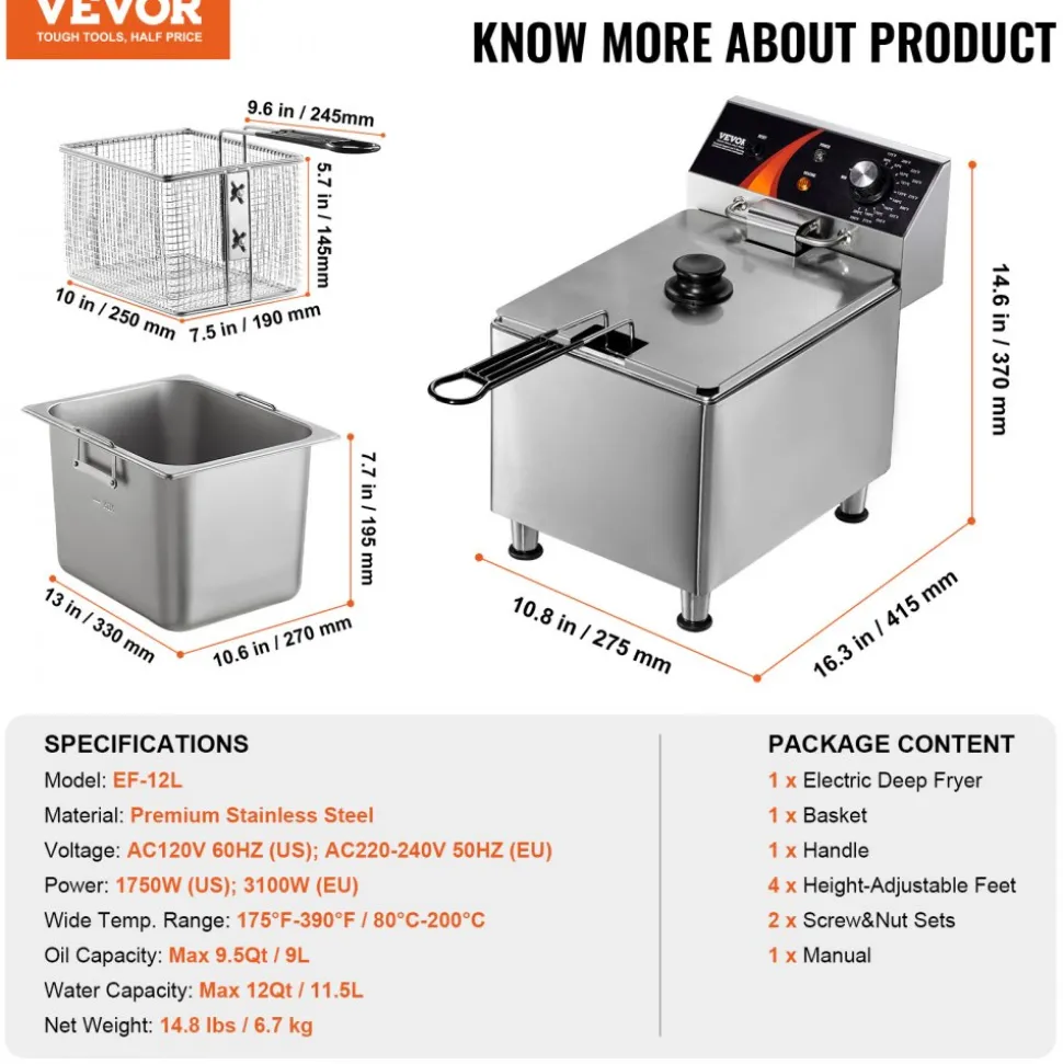 VEVOR Commercial Deep Fryer, 1750W Electric Countertop Fryer with Basket & Height-Adjustable Feet, 12Qt / 11.5L Stainless Steel Single Oil Fryer, Temp Control, Overheat Protection, for Restaurant Use
