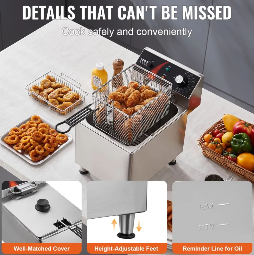 VEVOR Commercial Deep Fryer, 1750W Electric Countertop Fryer with Basket & Height-Adjustable Feet, 12Qt / 11.5L Stainless Steel Single Oil Fryer, Temp Control, Overheat Protection, for Restaurant Use