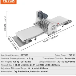 VEVOR Commercial Dough Sheeter Machine, 19.7-Inch Reversible Puff Pastry Sheeter and Fondant Roller, Electric Dough Roller 0-1.4