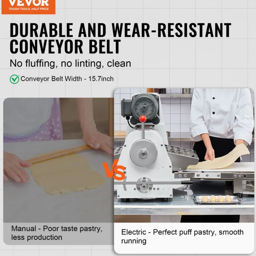 VEVOR Commercial Dough Sheeter Machine, 15.7-Inch Reversible Puff Pastry Sheeter and Fondant Roller, Electric Dough Roller 0-1.4" Adjustable Thickness, Folding Dough Sheeter for Bakeries, Pastries
