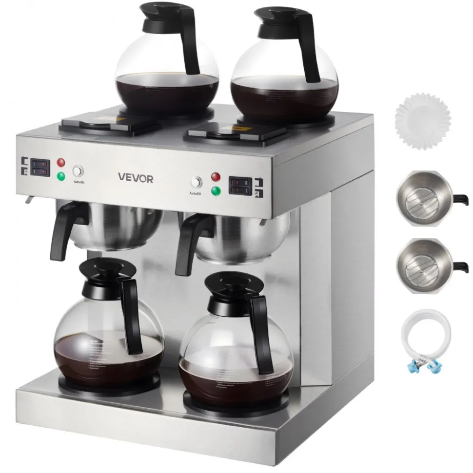 VEVOR Commercial Drip Coffee Maker, 24 Cups Coffee-Maker Machine with 4 Glass Carafes and 4 Decanter Warmer Plates, Stainless Steel Dual-Head Coffee Brewer, for Restaurant, Office, Coffee Shop & Home