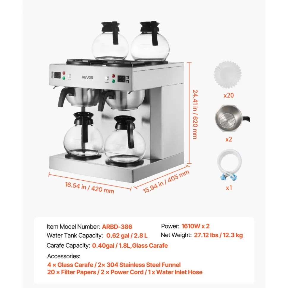 VEVOR Commercial Drip Coffee Maker, 24 Cups Coffee-Maker Machine with 4 Glass Carafes and 4 Decanter Warmer Plates, Stainless Steel Dual-Head Coffee Brewer, for Restaurant, Office, Coffee Shop & Home